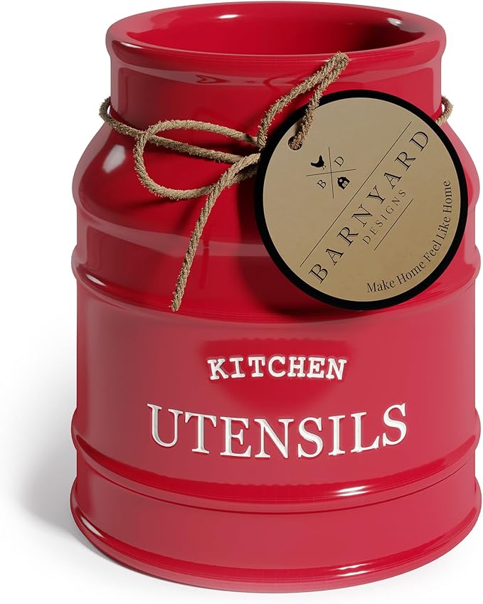 Barnyard Designs Ceramic Farmhouse Utensil Holder for Kitchen Counter, Large Rustic Utensil Crock, Countertop Cooking Tool Spatula Organizer, 6.75â (Red)