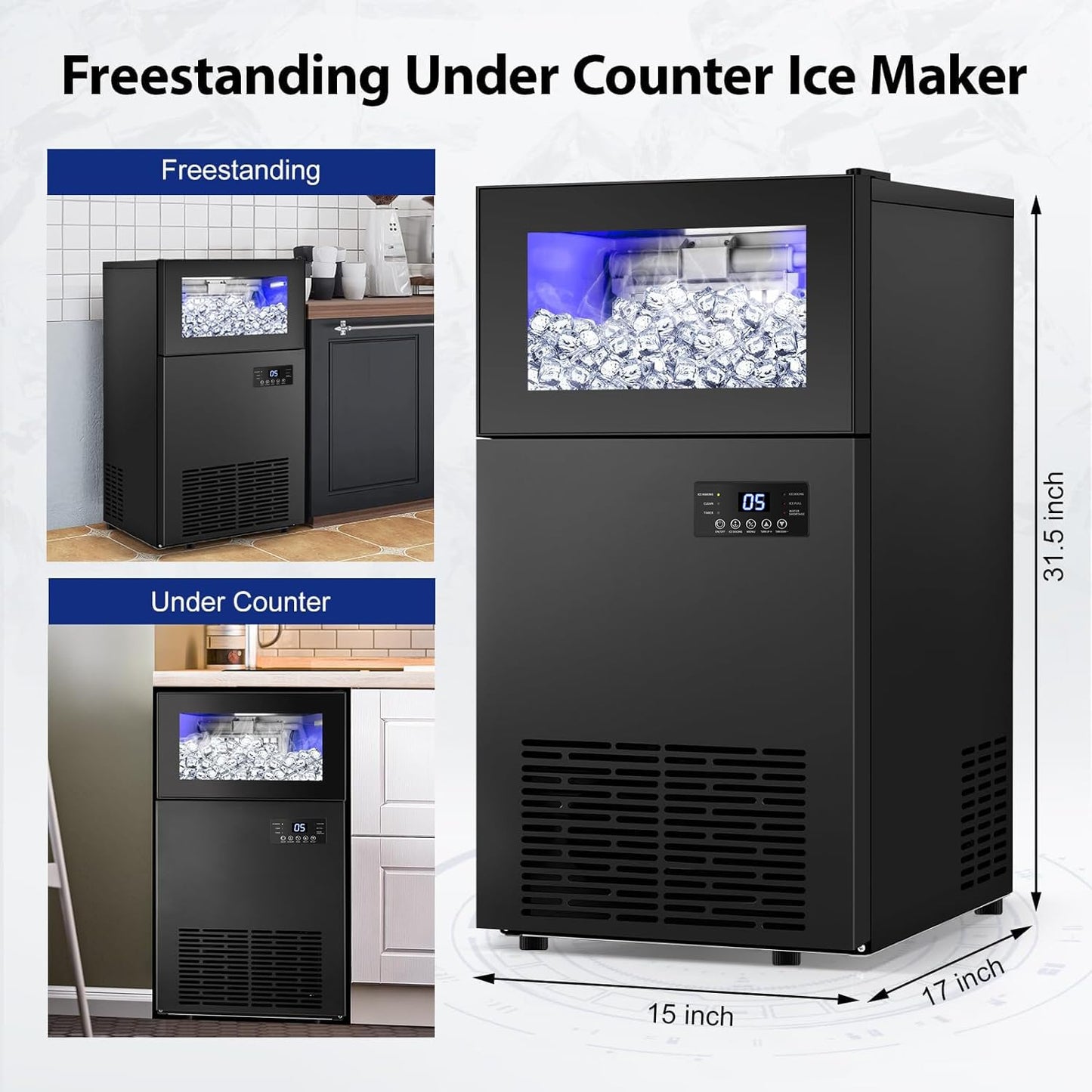 TAZPI Commercial Ice Maker 160 LBS/24H, 15" Wide Under Counter Ice Maker with 35LBS Ice Storage Capacity, Commercial Ice Machine 63Pcs Clear Ice Cubes Built-in or Freestanding Large Ice Machine