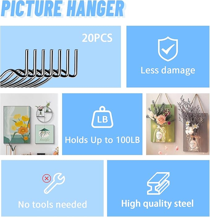 FURHUA 20pcs Black Super Hook Picture Hangers and Office Pack, Drywall Hooks for Hanging Pictures, Wall Hooks, Picture Hangers, Picture Hanging Kit，Hang Art, Clock, Shelves, Mirrors