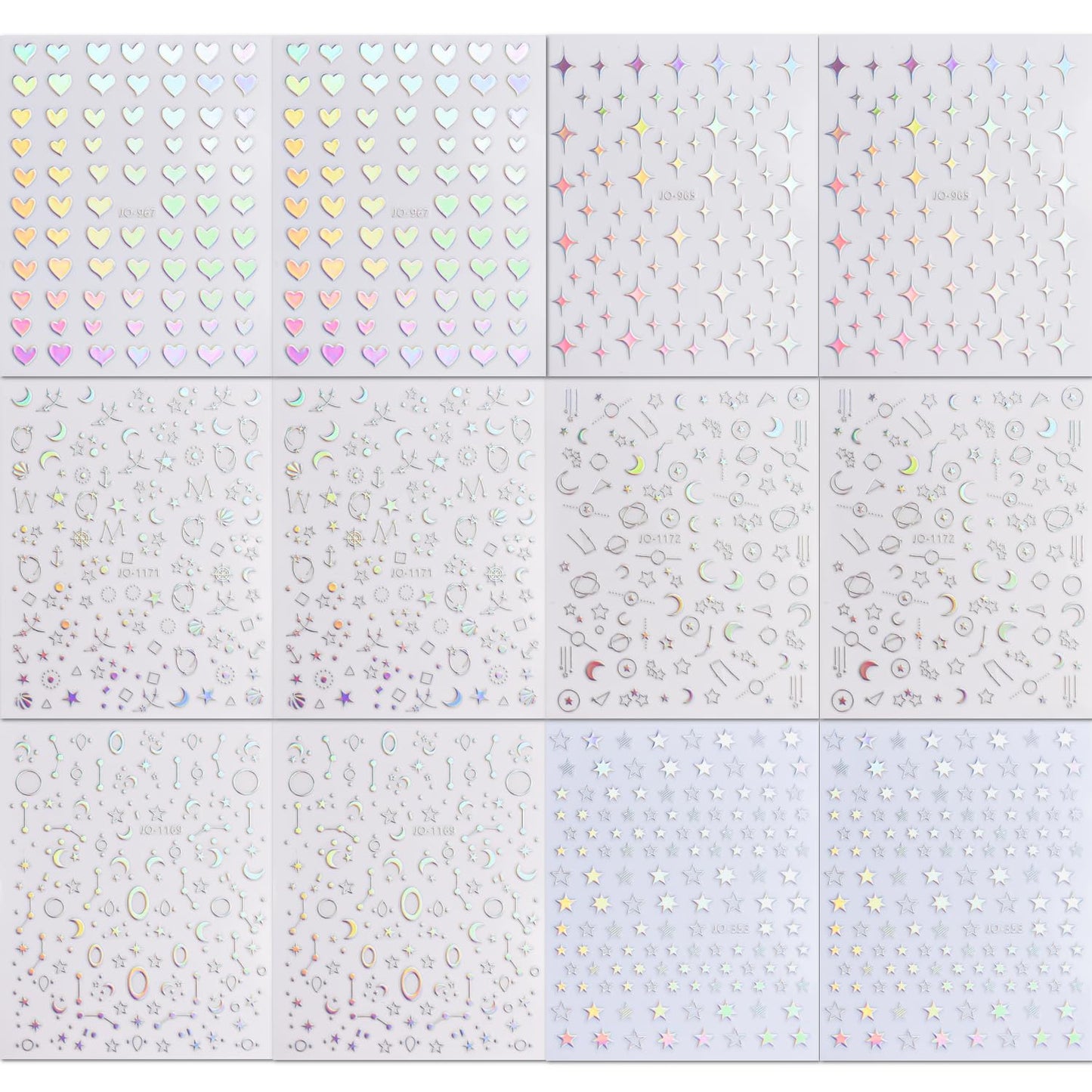 12 Sheets Aurora Nail Stickers for Nail Art 3D Self Adhesive Moon Star Nail Art Stickers Aurora Nail Decals Glitter Holographic Nail Design Heart Nail Art Supplies DIY Manicure Decorations for Women