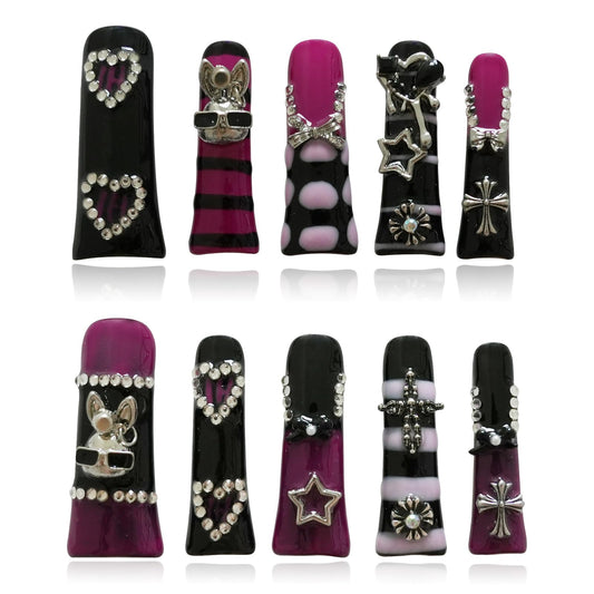 Tesytto Metallic Gothic Press on Nails Extra Long Duck - Black Purple Hot Pink with 3D Metal Cross, Star, Heart, Bow, Rabbit Charms for Parties (Dark Romance, S)