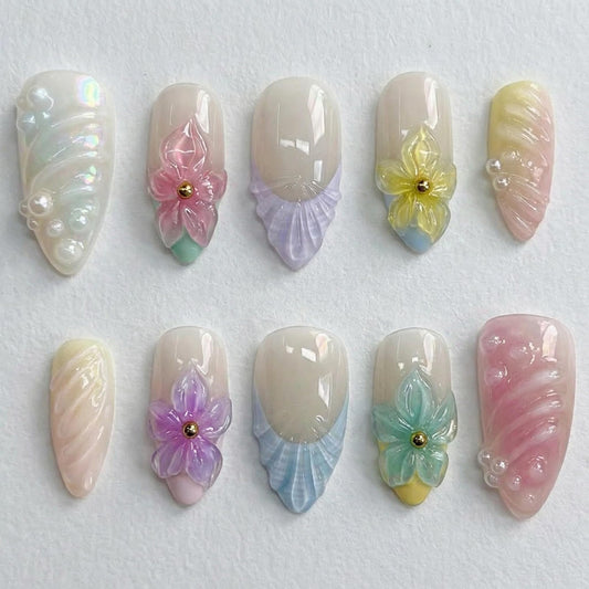 IMRAIN Handmade Press on Nails - 3D Flower Design Colorful Floral Art - 10Pcs Almond Shape Sweet Fairycore Spring Pastel Embossed Nails(m)