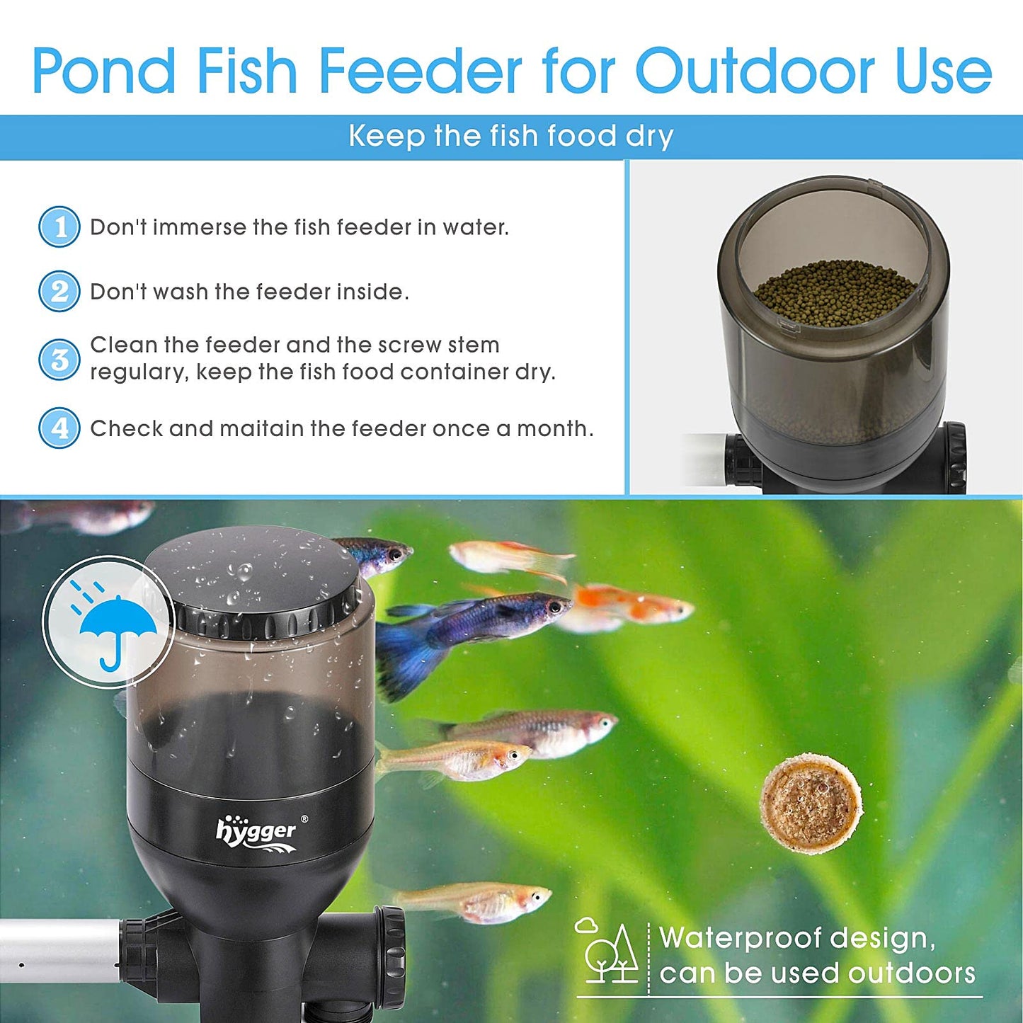 hygger LCD Control Automatic Pond Fish Feeder, Capacity 5.5L，DC 12V