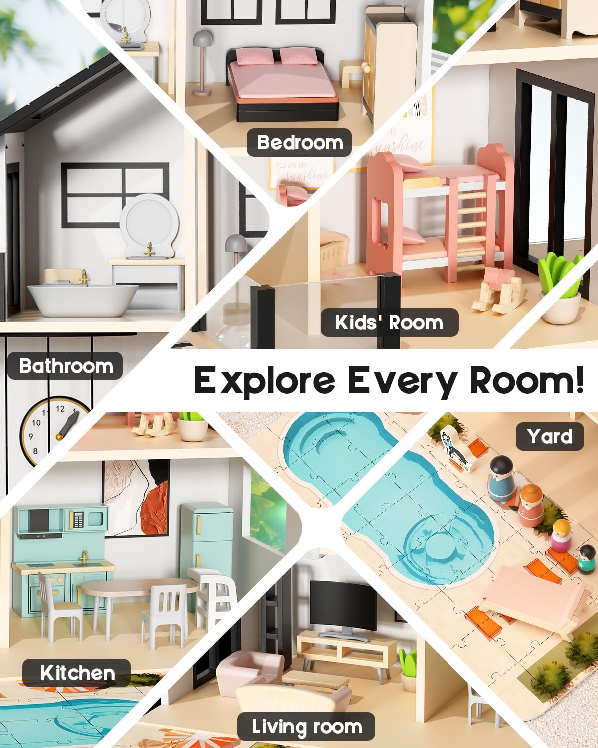 BIERUM Wooden Dollhouse, Large Modern Doll House with 44Pcs Furniture Accessories, Dolls & Pets, DIY Puzzle Pool Yard, Wood Dollhouse Toy for Toddlers 3+, Ideal Gift for Boys and Girls (Black)