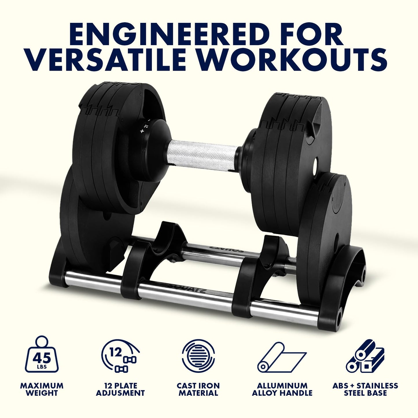 SQUATZ 45 lb Adjustable Dumbbells with Quick Weight Change, Space-Saving Dumbbell Set with Anti‑Slip Handle, Secure Locking System, Heavy‑Duty Plates & Base for Home Workout and Strength Training