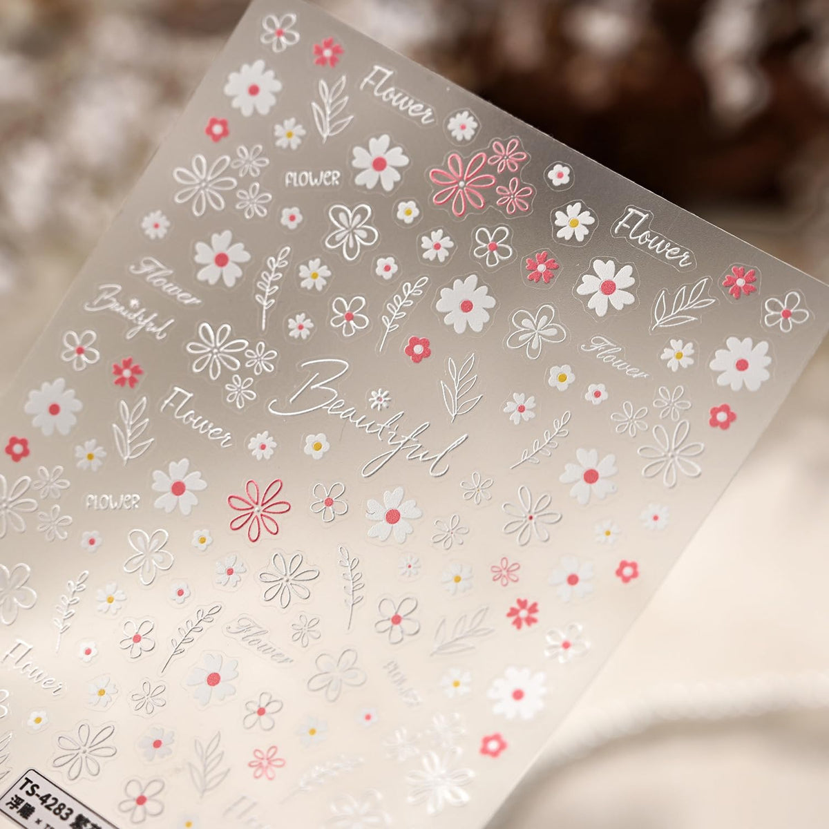 White Flower Nail Stickers 5D Embossed Nail Sticker for Spring Nail Art with Pink White Daisy Floral Design Cute Nail Art Stickers Decals Self-Adhesive for Women Manicure Supplies