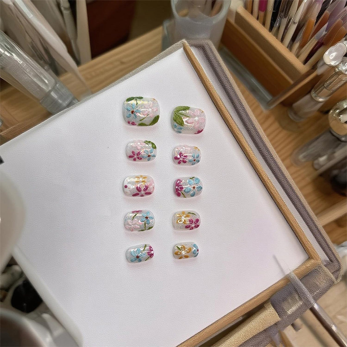Handmade Press on Nails Short Square Fake Nails Press Ons Luxury Cute Flower Full Cover Stick on Nails Glitter Glue Nails for Women Girls Manicure (Oil Painting S)