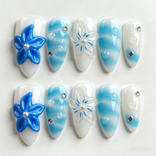 Handmade Nails Almond Press on Nails Medium Length 3D Floral Thick Acrylic Fake Nails Blue&White False Nails with Rhinestones Pearls Designs Summer Nail Art Press on Nails 10Pcs(M)