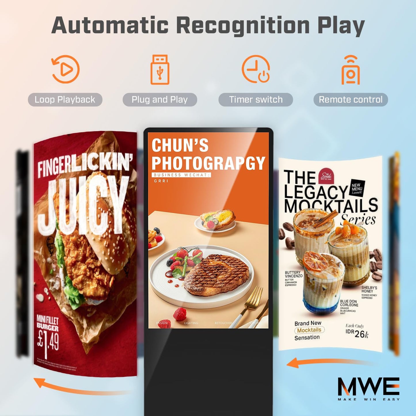 QIXZOCV MWE 65 Inch 4K Digital Signage Display Kiosk, Indoor Floor Standing Advertising Display Poster, LCD Commercial Display with Auto Media Player, Android System, HDMI/USB/WiFi