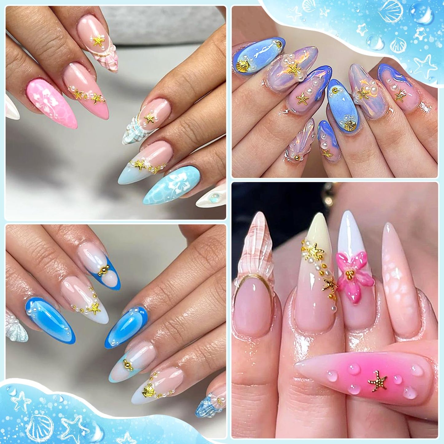Furtherpretty Summer Nail Charms, 3D Beach Nail Charms Metal Starfish Seashell Tropical Ocean Nail Art Decorations, Gold Beads and Pearls Rhinestones with Tweezers for Manicure, concha nacar para uñas