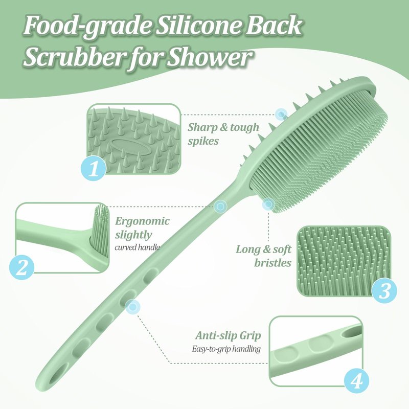 GEENOA Silicone Back Scrubber & Bath Glove Set 2PCS, 13.4'' Gentle Shower Back Scrubber with Dual-Side Head Non-Slip Handle, 360° Anti-Slip Hand-fit Bath Glove for Rich Foaming Deep Cleaning(Green)