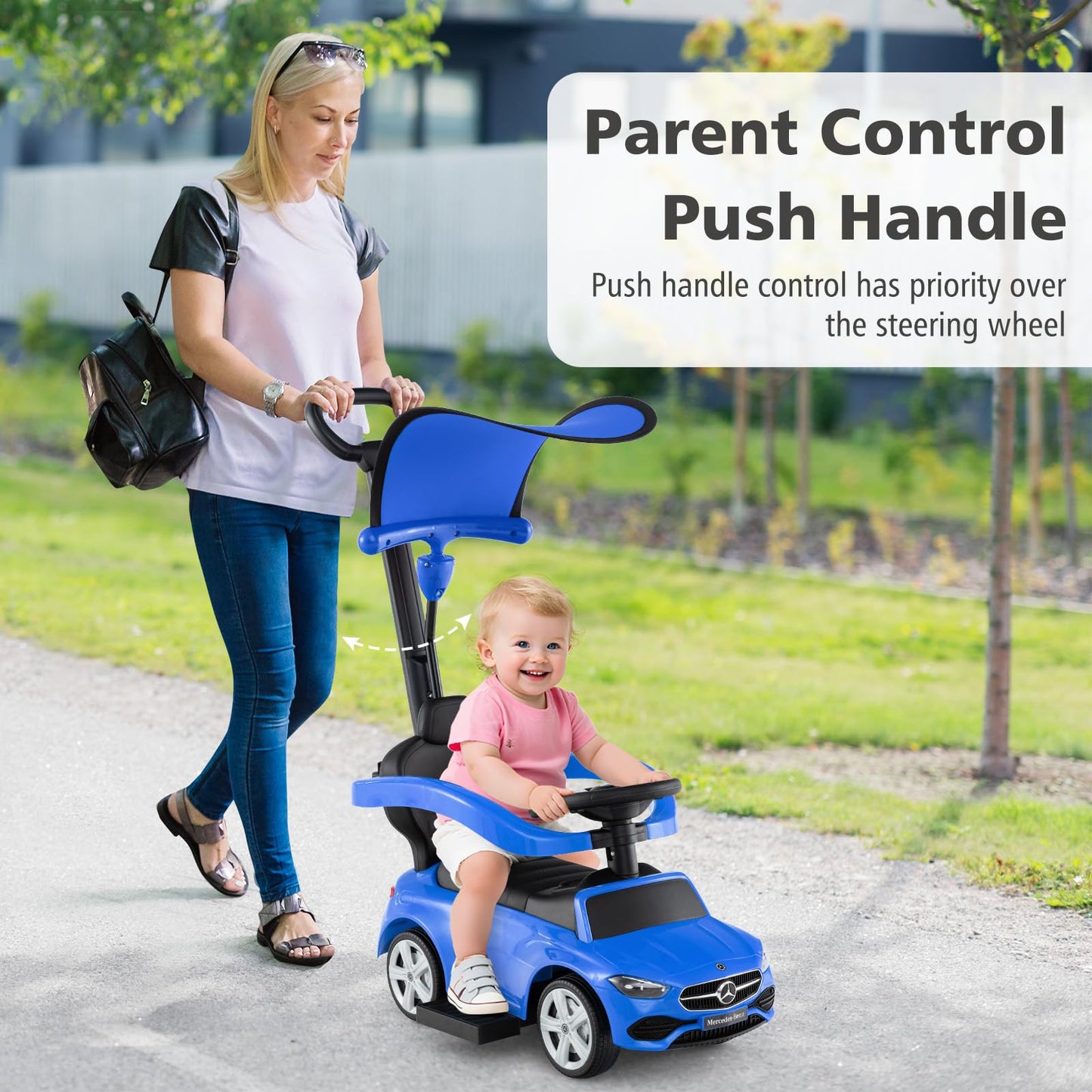 Licensed Mercedes Benz Push Car for Toddlers by INFANS, 3 in 1 Sliding Walking Car with Push Handle, Horn, Music, Underneath Storage, Foot-to-Floor Ride on Toys for Boys Girls, Blue