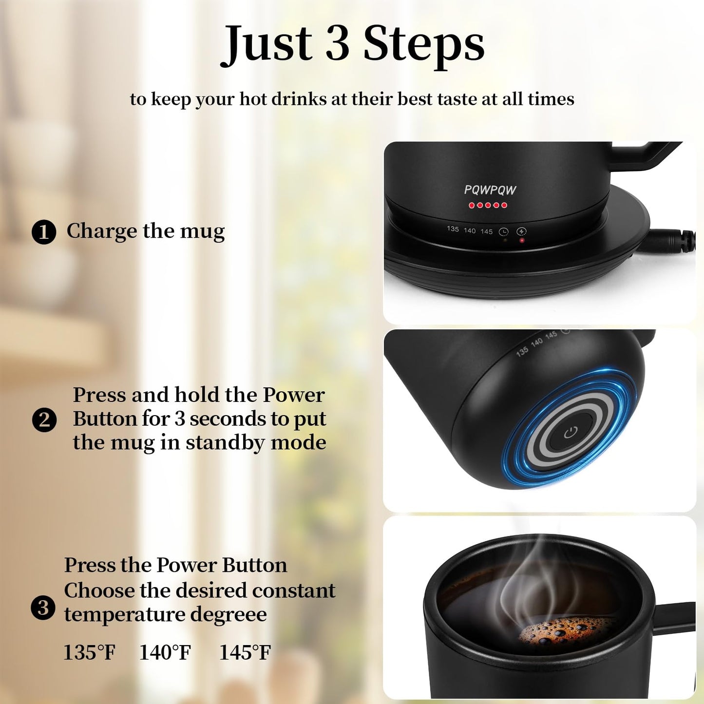 Smart Temperature Control Coffee Cug Heated Coffee Mug rechargeableAuto Sleep/3-Level Temperature Setting Self-Heating Coffee Mug (Black - 12 oz.)