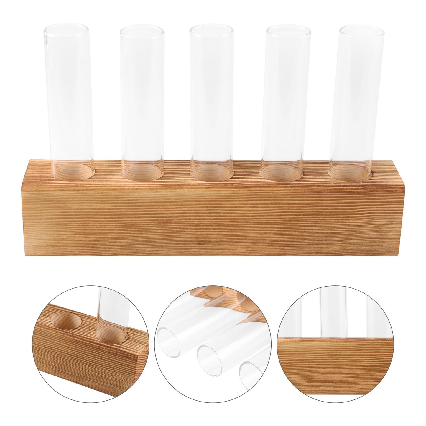 Luxshiny Hydroponic Indoor Plant Terrarium Vase with 5-Hole Glass Container and Wooden Stand, Desktop Home Vase Decor for Tabletop Gardening and Indoor Plant Propagation