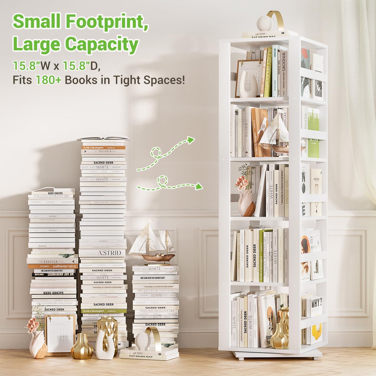 Homykic Rotating Bookshelf, Bamboo 360 Display Spinning Bookshelf Tower, 5-Tier Small Corner Bookcase for Small Spaces, Narrow Revolving Book Shelf Organizer Rack for Home Office, White