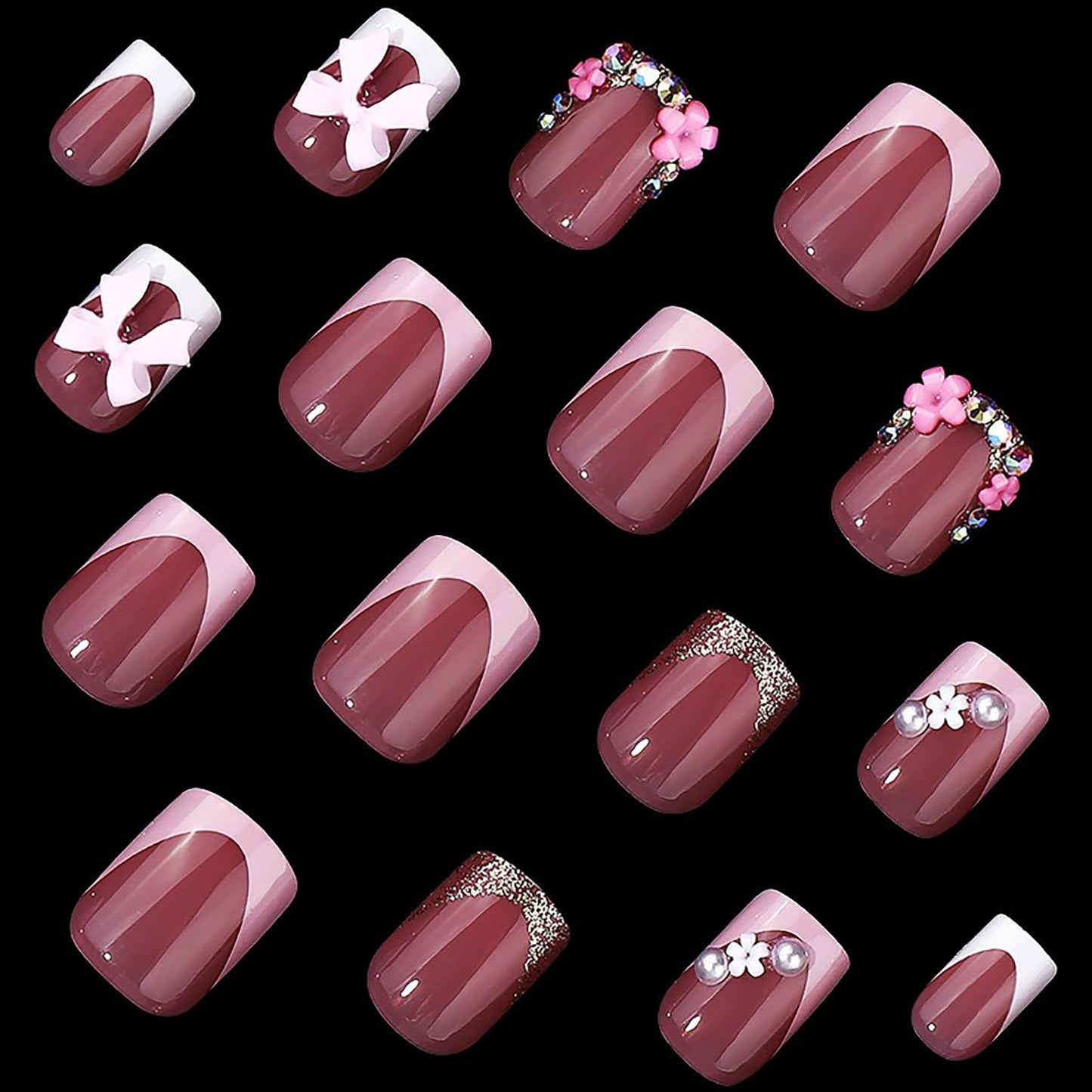 Cute Press on Nails Short Square French Tip Fake Nails Flower Pearls Bow Charms False Nails with Designs MABKJLF Pink & White Glossy Glue on Nails Stick on Nails Acrylic Nails for Women Girls 24Pcs