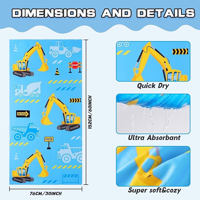 WERNNSAI Truck Kids Beach Towel for Boys - 30” x 60” Truck Sand Free Swim Towels for Boys Bath Pool Camping Travel Towel Quick Dry Ultra Absorbent Super Soft Beach Blanket Bath Shower Towel