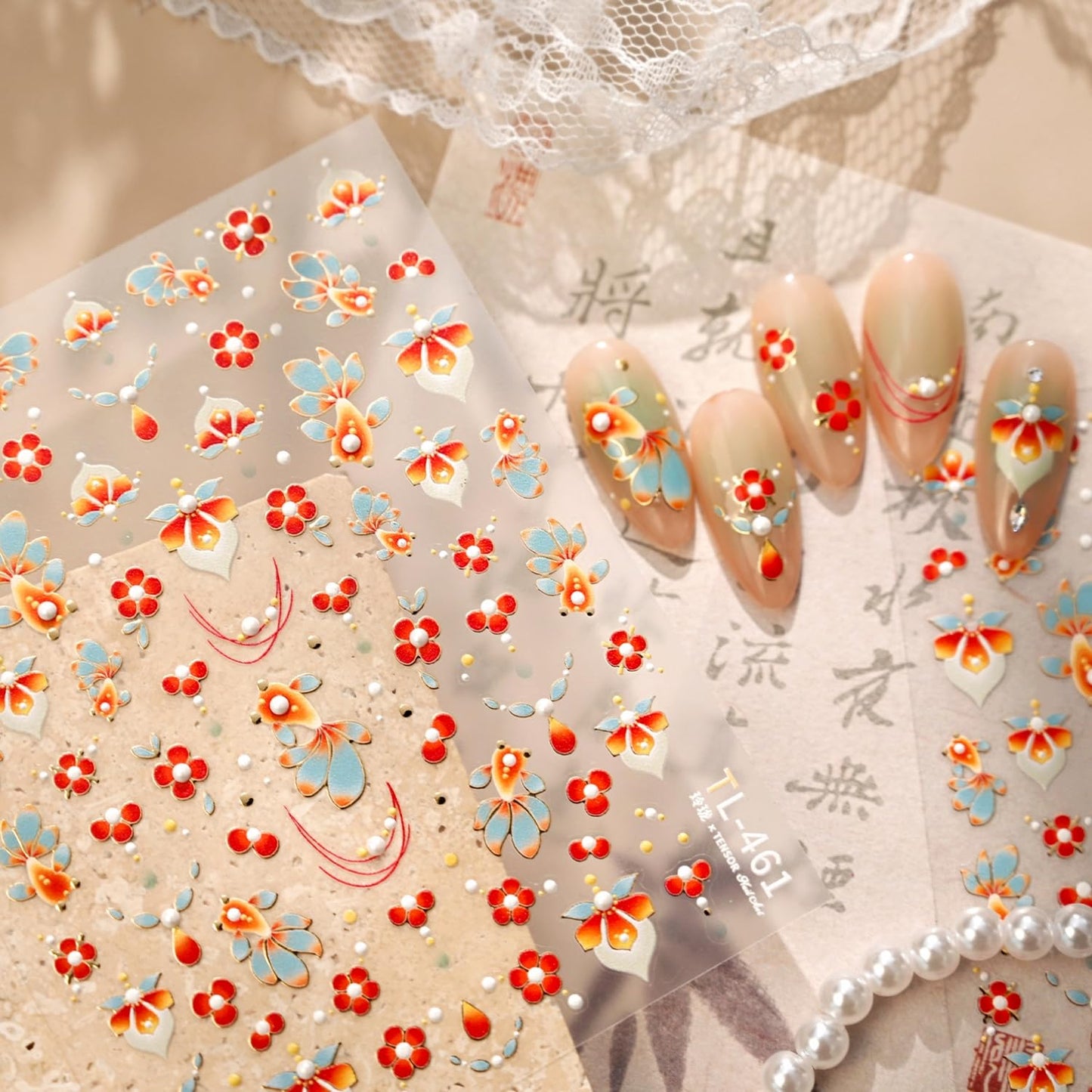 Summer Nail Stickers for Nail Art 5D Embossed Red Flower Nail Decals Koi Fish Nail Art Stickers with Pearl Design Spring Nail Charms Supplies for Women Girls