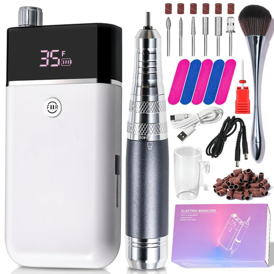 Moskany Professional Electric Nail Drill Kit White Portable Rechargeable Cordless Nail File Machine 35000 RPM with 7PCS Bits for Acrylic Gel Powder Nails Polish Pedicure Toenail Tool Salon Set