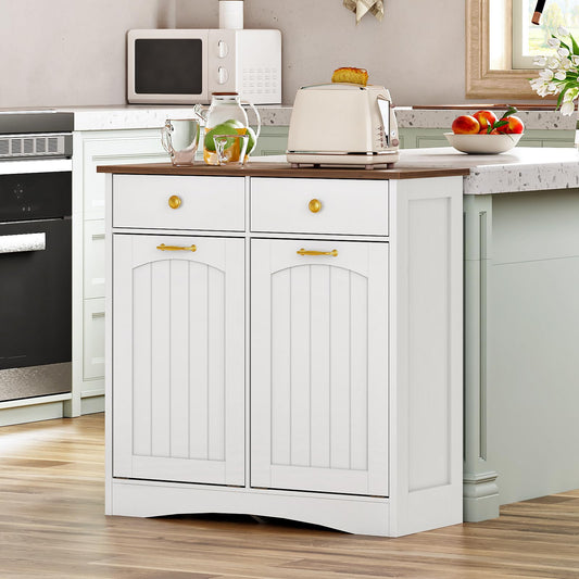 HOOBRO Double Tilt Out Trash Can Cabinet, Hidden Trash Bin Storage with 2 Drawers, Freestanding Kitchen Island Cabinet, for Kitchen, Laundry Room, White and Walnut WH22LJ01US