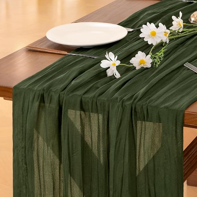 Socomi 10pcs Olive Green Cheesecloth Table Runner Summer Boho Rustic Gauze 120 inch 10FT Cheese Cloth Sheer Runner for Wedding Party Baby Shower Birthday Home Decor Holiday Decorations