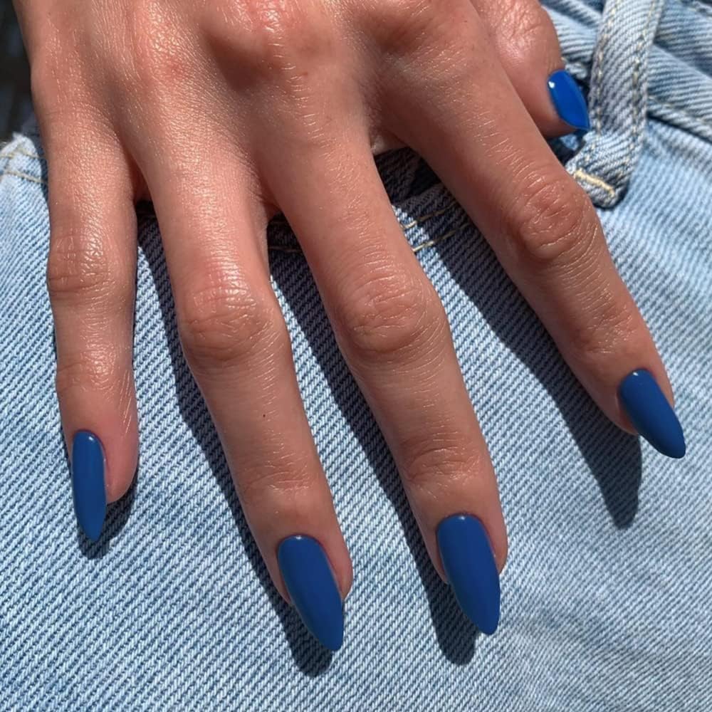 Dark Blue Press on Nails Medium Stiletto Almond,KQueenest Pure Color Acrylic Nails Kit Reusable Fake Nails with Feature Protective UV Coating for Women Nail Art Manicure in 24PCS