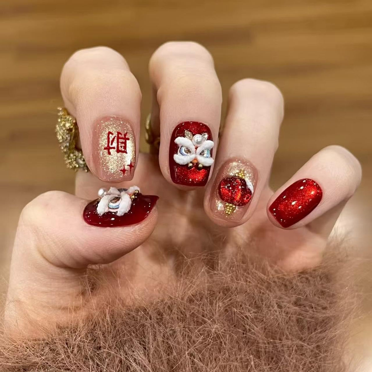 plalely Square Press on Nails Short Red Fake Nail Cute 3D Chinese Lion and LanternforChinese New Year Acrylic Nail Press ons Best WishesStick on Nail for Women 24pcs