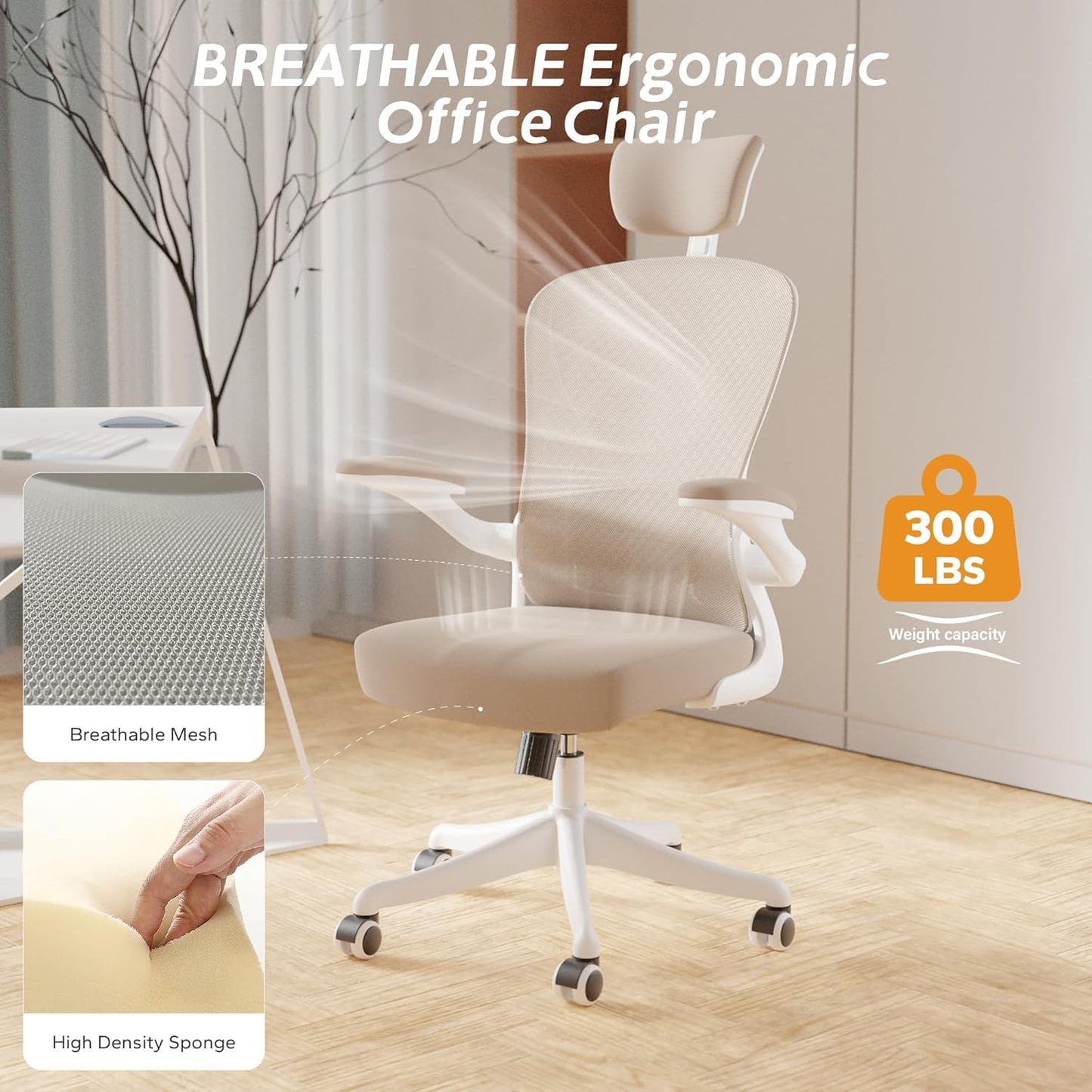 SICHY AGE Ergonomic Office Chair with Adjustable Lumbar Support & Flip-Up Armrests - High Back Computer Desk Chair with Thickened Seat Cushion, Rolling Wheels for Home/Office Study Work