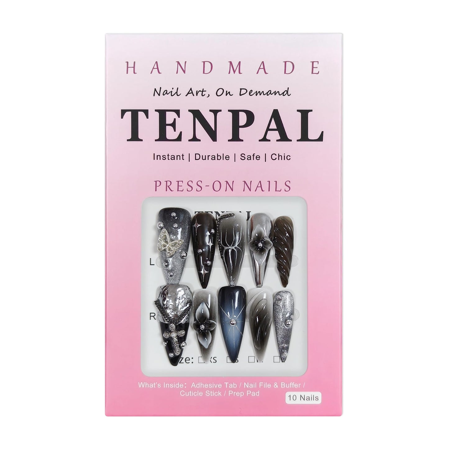 TENPAL 10Pcs Y2K Press On Nails With Tools,Handcuff Star & Skull 3D Charms Long Stiletto Fake Nails,Glossy Edgy Sweet Glitter Acrylic Glue on Nails for Concert Festival Party,Handmade Long Nails(XS)