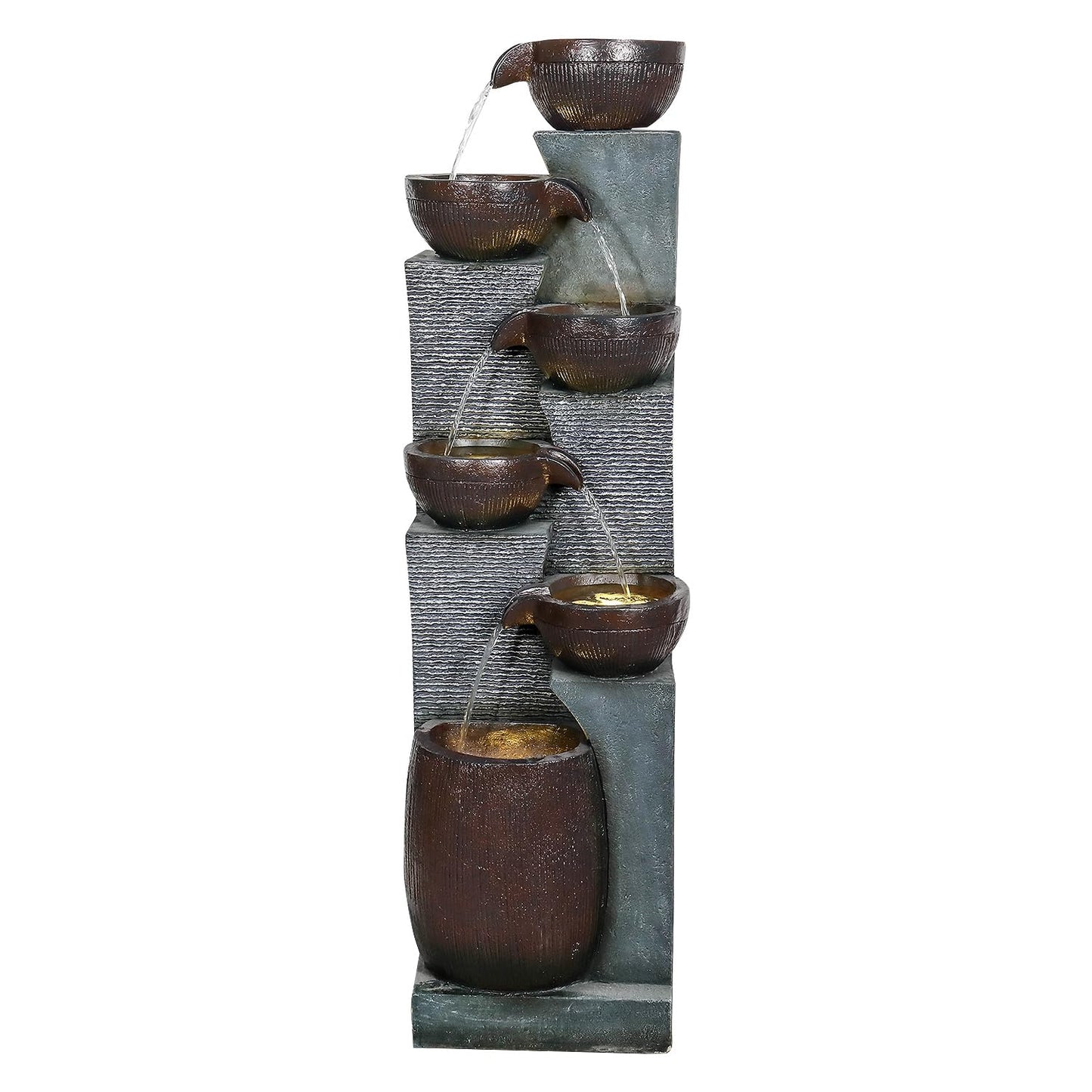 BBabe 53.5in High Outdoor Indoor Water Fountain, 6-Tiered Poly-Resin Waterfall Fountain with LED Lights, Decorative Floor Standing Fountain for Garden, Patio, Yard, Home Decor