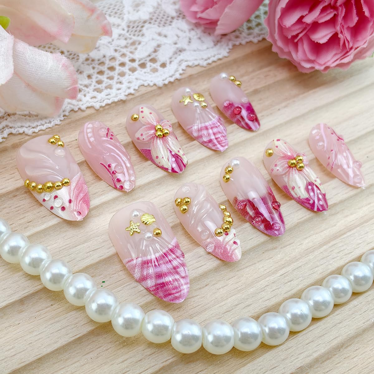 30Pcs Pink Handmade Press on Nails Medium Almond Fake Nails Gold Shell Starfish Gems Design Summer Glue on Nails 3D Flower False Nails Pink French Tip Acrylic Nails Spring Stick on Nails for Women