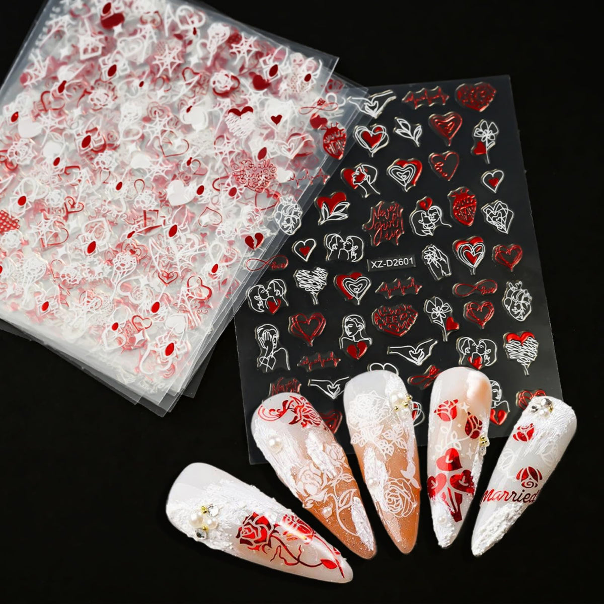 12 Sheets Valentine’s Nail Art Stickers - 3D Self-Adhesive Red Diamond Lip Print Flowers Designs for Women, Easy DIY Acrylic Nails Decoration, Party & Daily Fashion Accessories