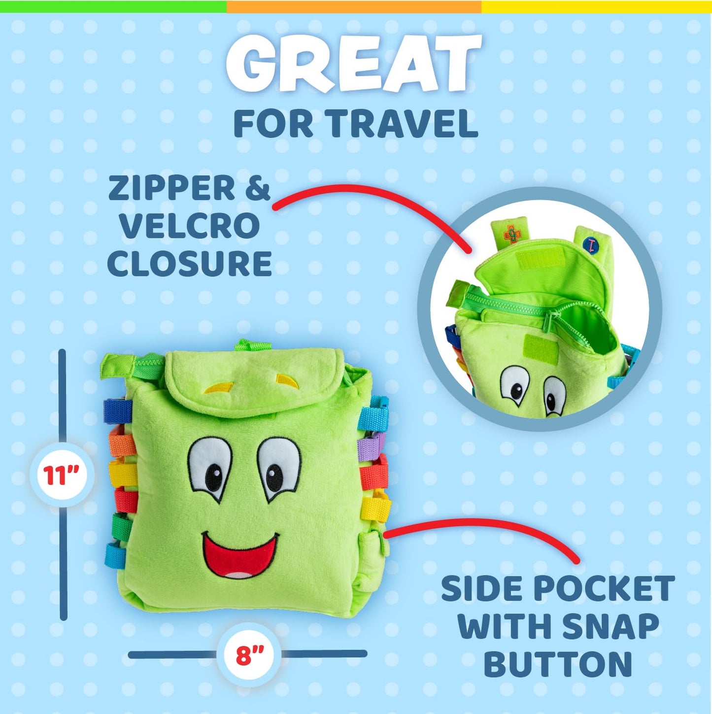 Buckle Toys Buddy Toddler Backpack with Buckles & Toddler Learning Activities and Sensory Toys for Toddlers 1-3, Travel Essentials Road Trip Activities for Fine Motor Skill Development Educational Toy