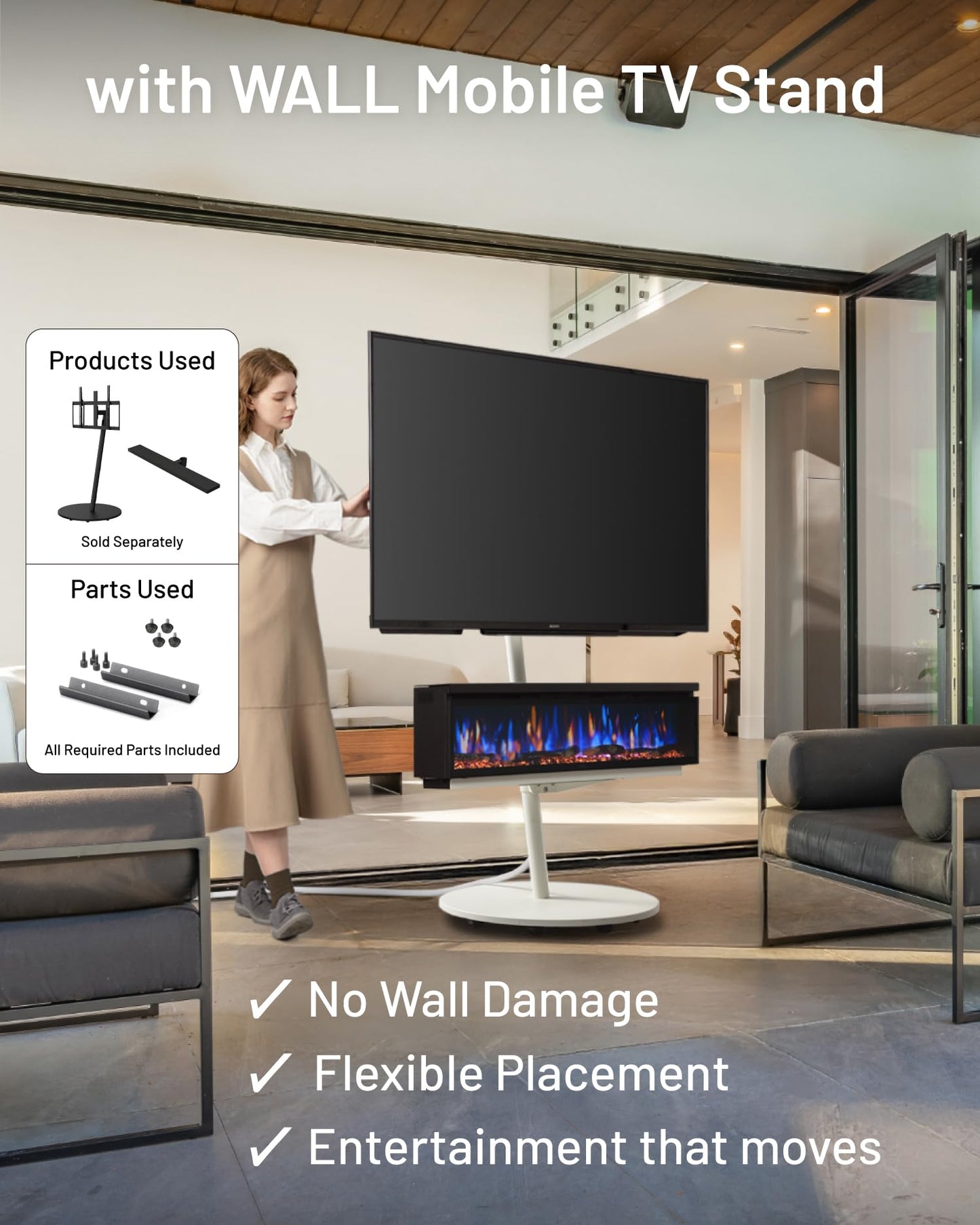 WALL FLAMEBAR Electric Fireplace Freestanding, Wall Mounted, Movable w/TV Stand – WiFi Enabled,750/1500W Heater, 1500 Flame Color Combinations, for Living Room or Bedroom, Modern 40" Wide