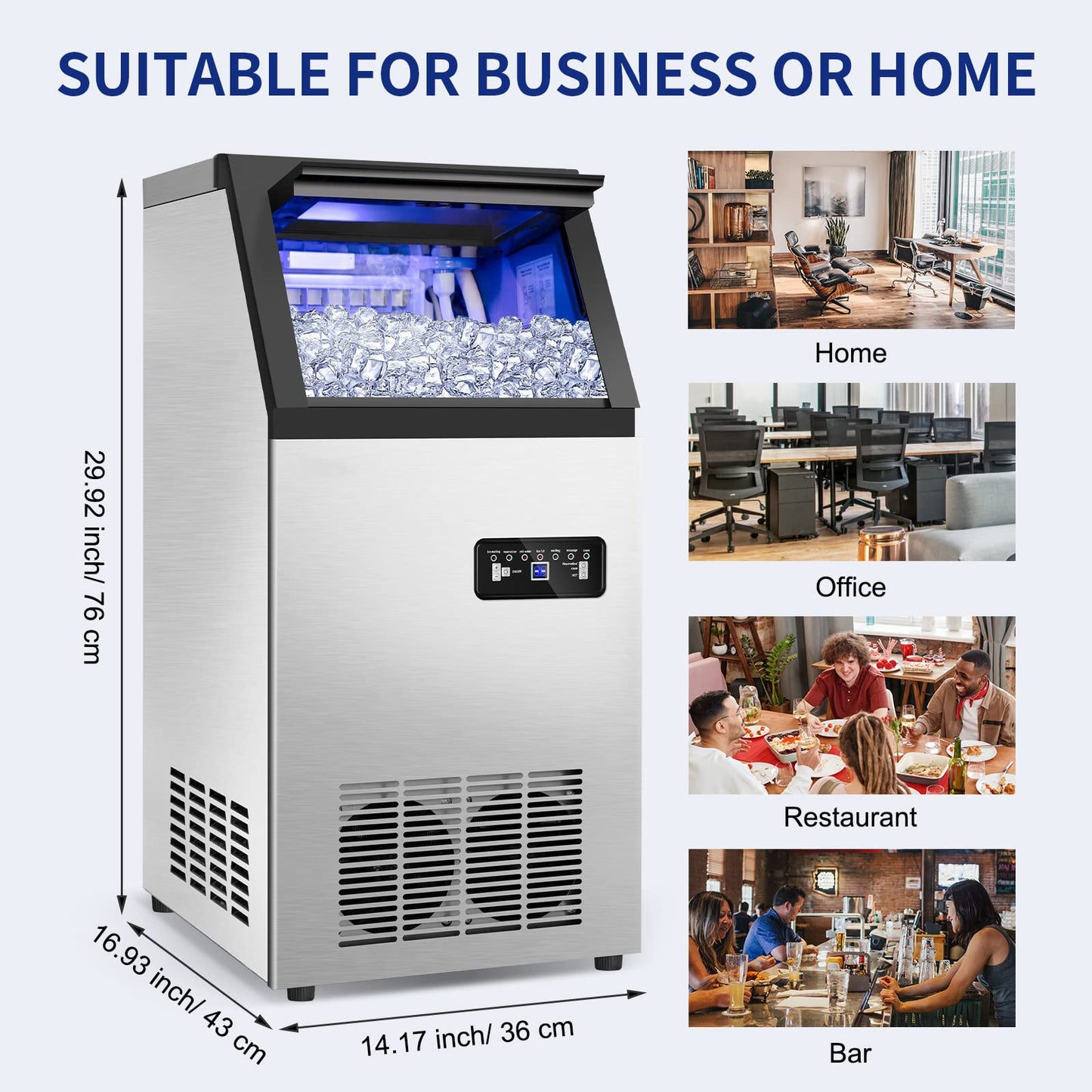 Commercial Ice Maker Machine 120Lbs/24H with 35Lbs Ice Capacity, 45Pcs Clear Ice Cubes Ready in 11-20Mins, Stainless Steel Under Counter Freestanding Large Ice Machine, 2 Water Inlet Modes