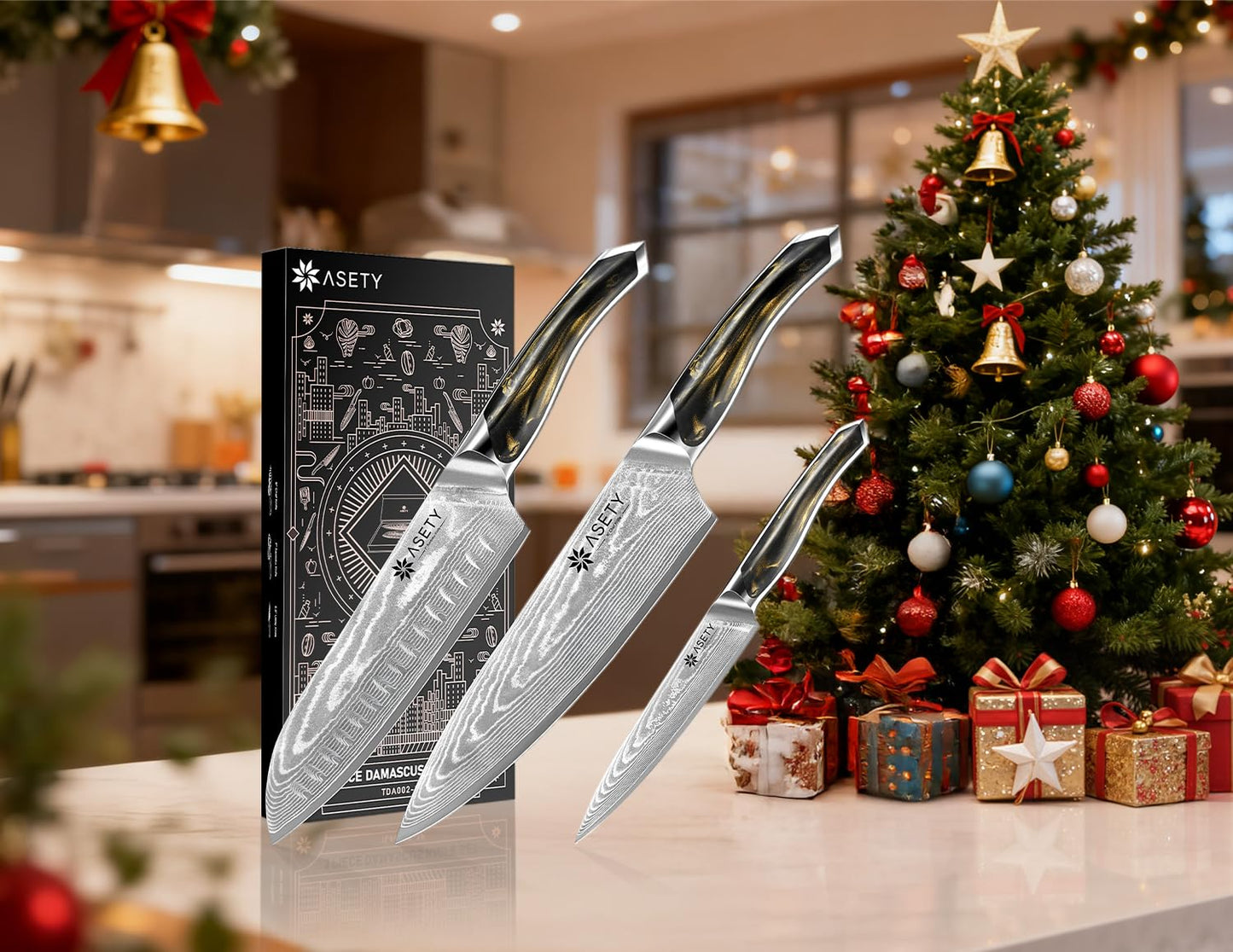 ASETY Damascus Knife Set 3 PCS: Ultra-Sharp Professional Chef Knife Set, Japanese Kitchen Knives with VG10 Steel Core, Full Tang Resin Handle, Elegant Box for Men Women