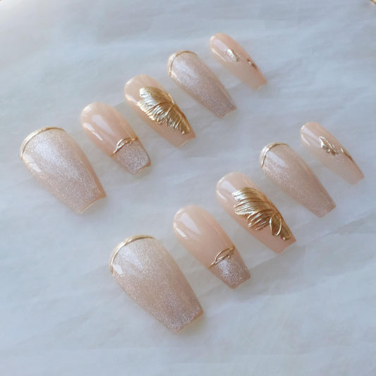 GLORS Press On Nails, Long Ballerina Style, Nude Pink with Gold Accents, 10 Pieces (Small,LB)