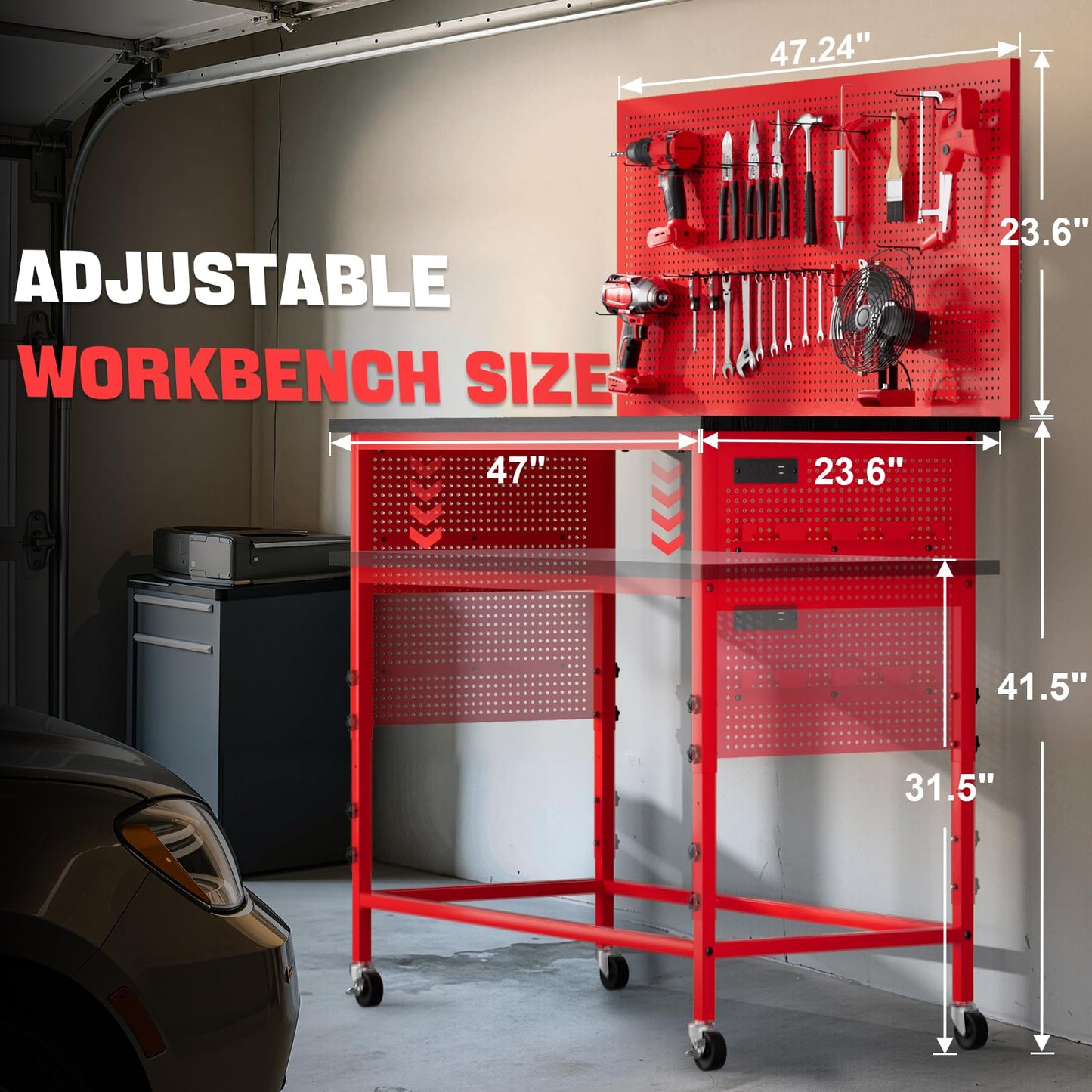 Ferreteriai 47" Heavy Duty Workbench with Power Outlet & USB-C, Exclusive Red Side Battery Holder, Adjustable Height, 2100LB Capacity, Locking Wheels, Pegboard for Garage, Workshop, and Home Use