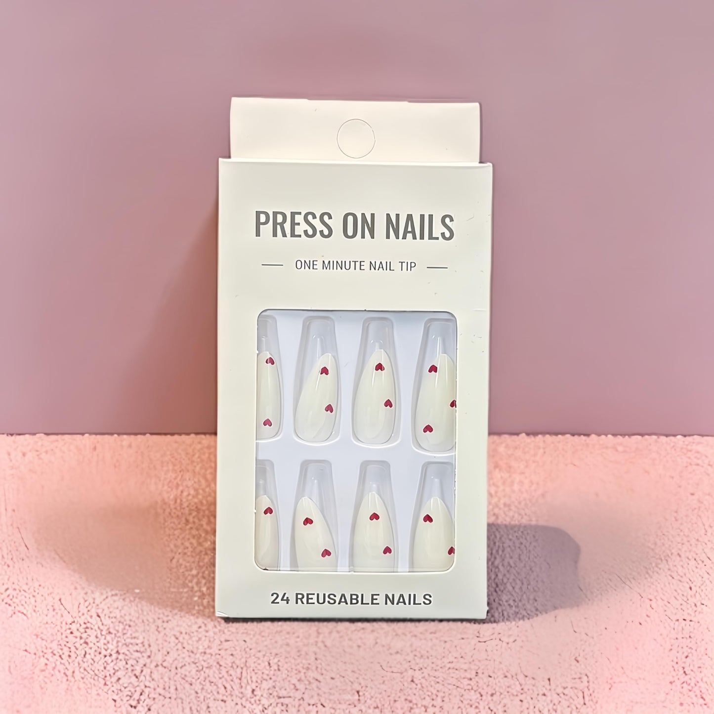 Almond Press on Nails Medium Fake Nails All White Stiletto Acrylic Nails Glossy with Wine Red Heart Designs Artificial Cute Valentines Heart False Nails for Women Girls Valentine’ s Wedding Manicure