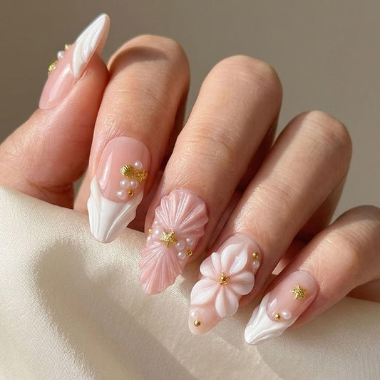 Handmade Press on Nails Almond Shape 3D Cute Glue on Nails for Women, Luxury Homemade Press on Nail Art Design, Fake Nails with 3D Nail Charms Size M 1