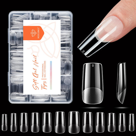 modelones Medium Square Nail Tips, Pre-shaped Soft Gel Tips Fake Nails False Acrylic Clear Full Cover Press on Extension Kit Gel Manicure DIY at Home 216PCS 12Sizes