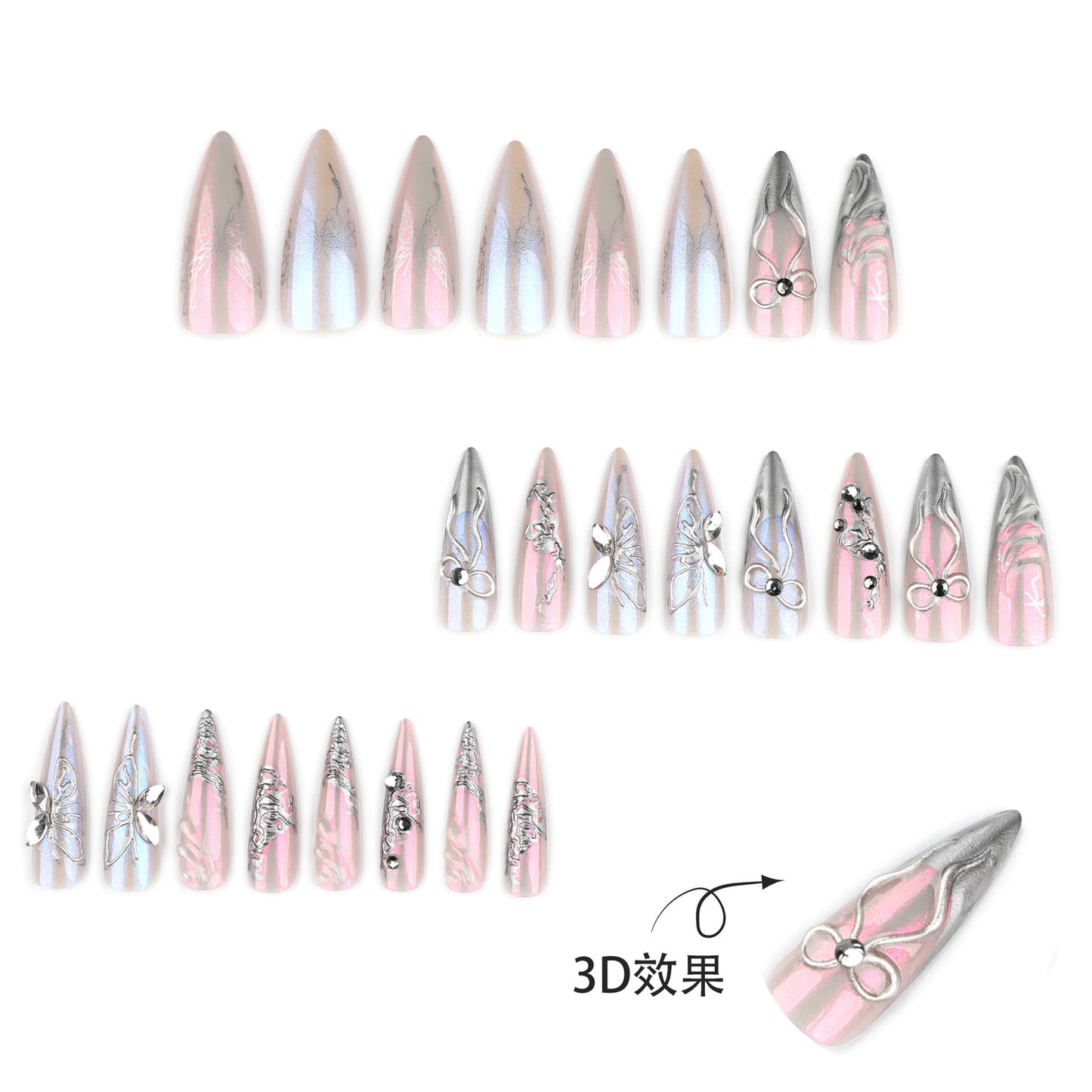 plalely Stiletto Press on Nails Long Silver Fake NailSilver Glitter and Rhinestones Acrylic Nail Press ons Stick on Nails for Women 24pcs