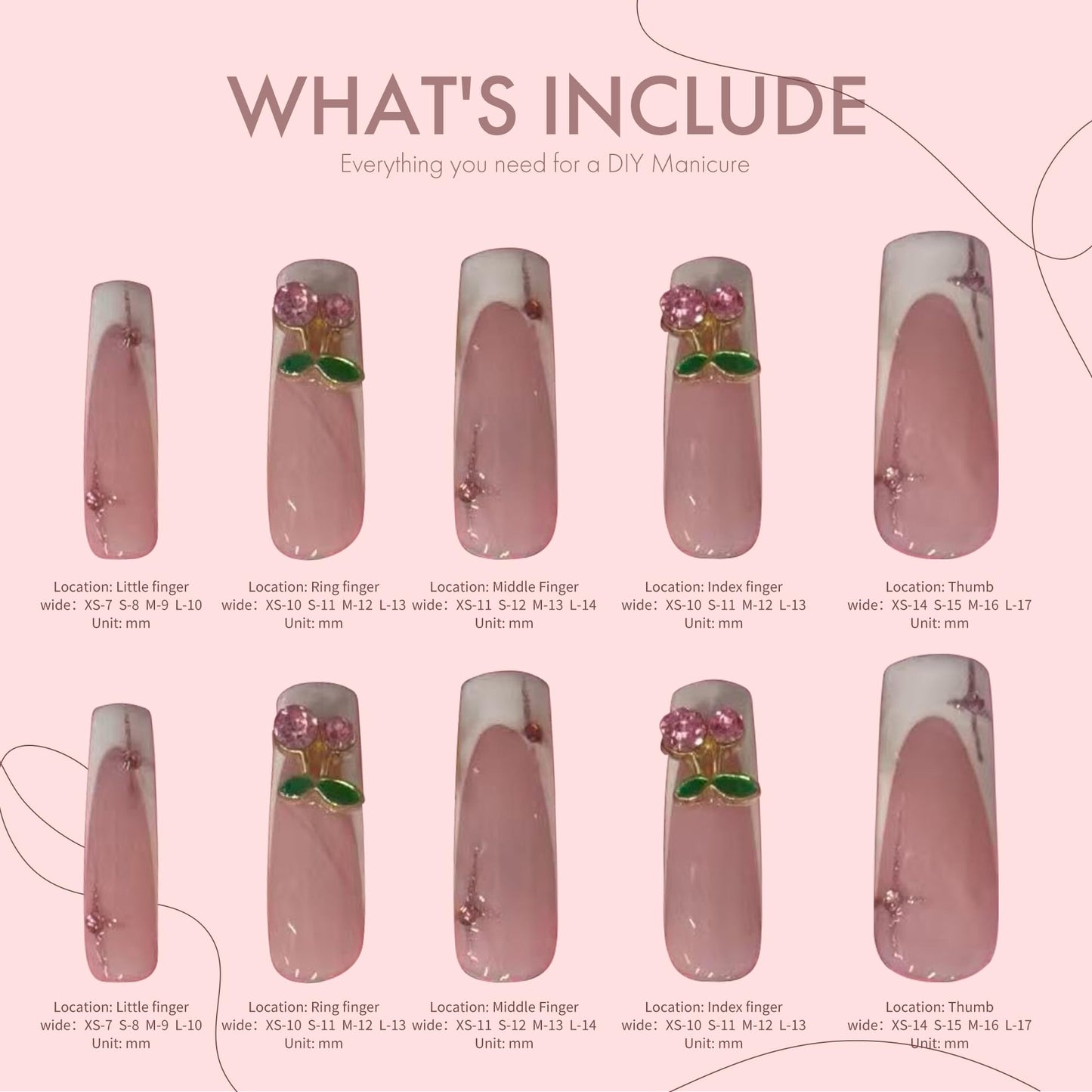 Pinktlicious Pink French Tip Press On Nails - Long Coffin Reusable False Nails with Cherry Rhinestones, Glue-On Artificial Nails for Women’s Daily & Party Manicure (S)