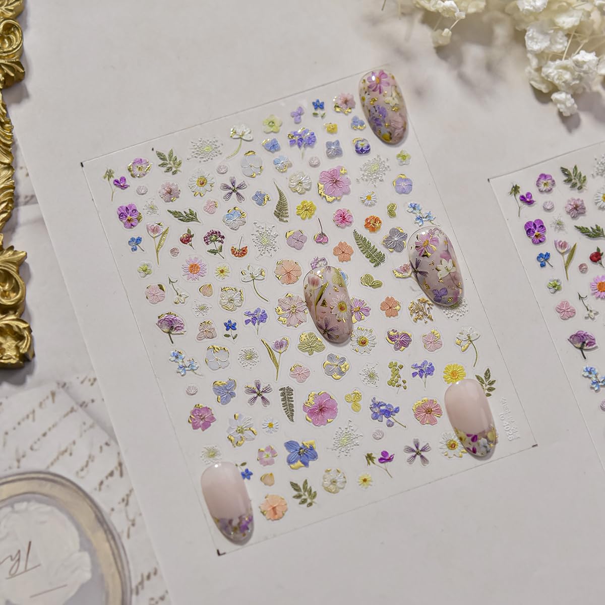 Flower Nail Stickers for Nail Art Floral Nail Decals with Gold Accent,Mini Flower Stickers for Nails Design 3D Self Adhesive Nail Supplies & Decorations for Women Girls,1 Sheet DIY Manicure Decor