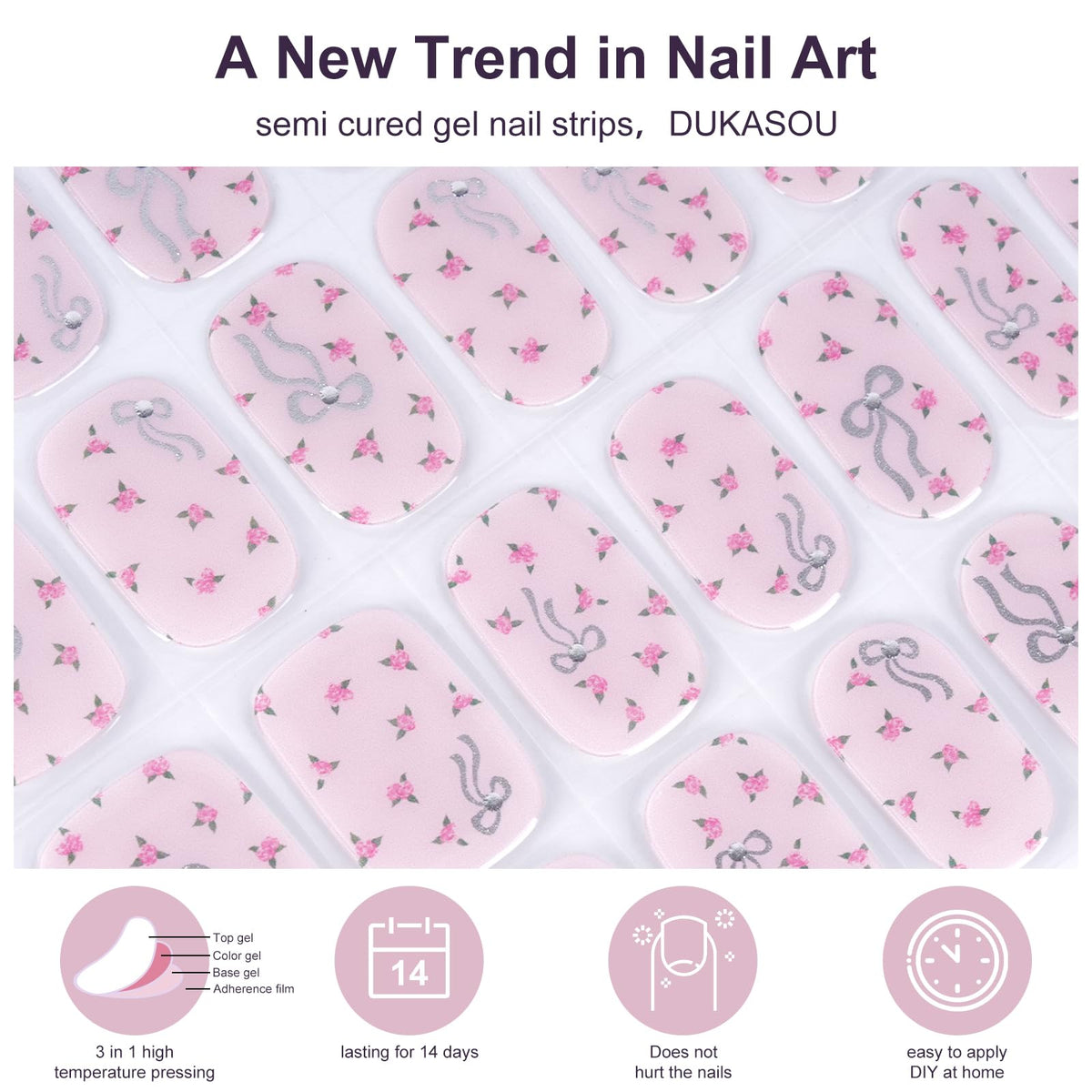 DUKASOU Semi Cured Gel Nail Strips,28 pcs Cute Bows Gel Nail Stickers with UV Light Required,Long Lasting Nail Art Stickers, Easy to Apply（Pink）