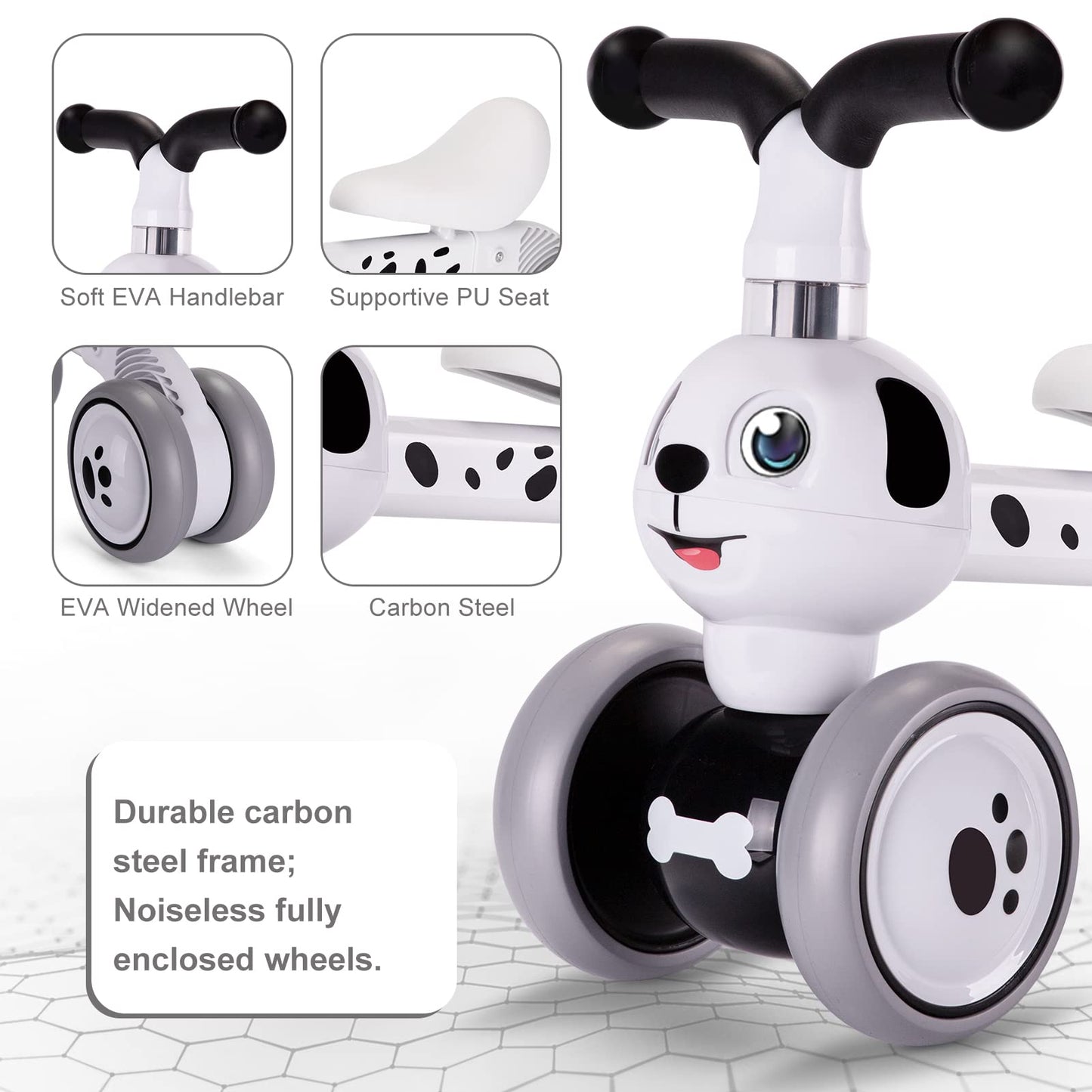 YGJT Baby Balance Bike Toys for 1 Year Old, Birthday Gifts for Boys and Girls, Silent Wheels & Non-Pedal Baby Walker Riding Toys for 10-36 Months Toddlers, Kids First Bike Gifts Spotty Dog
