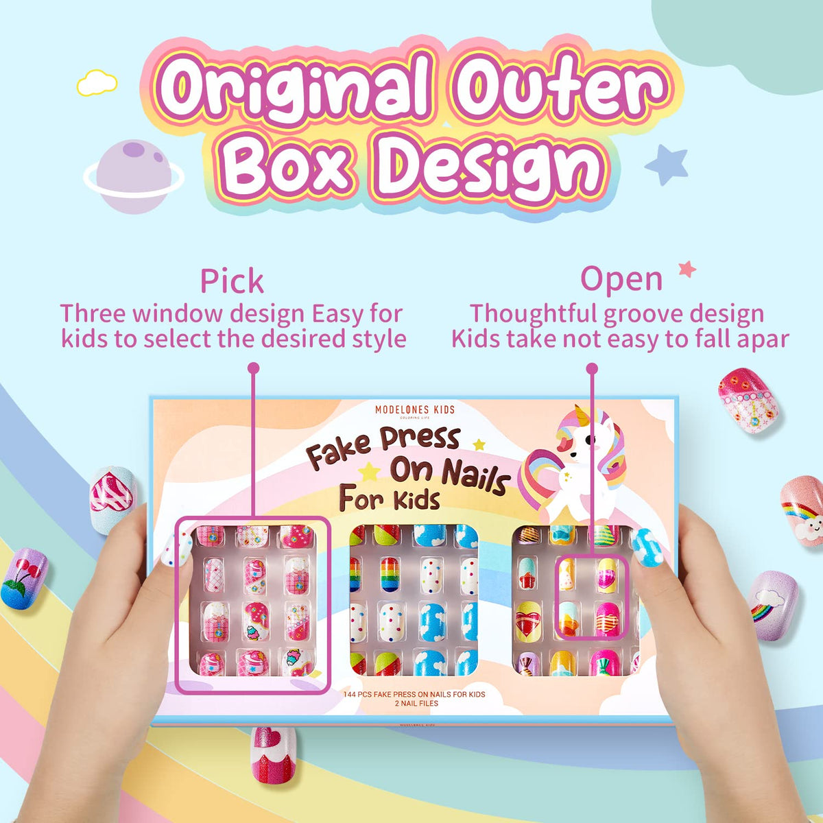 Modelones Press on Nails for Kids 144Pcs 6 Pack Children Acrylic Fake Nails Pre-glue Full Cover Glitter Gradient Color Rainbow Candy Short False Nail Kits Sets Thanksgiving Christmas Gifts for Girls