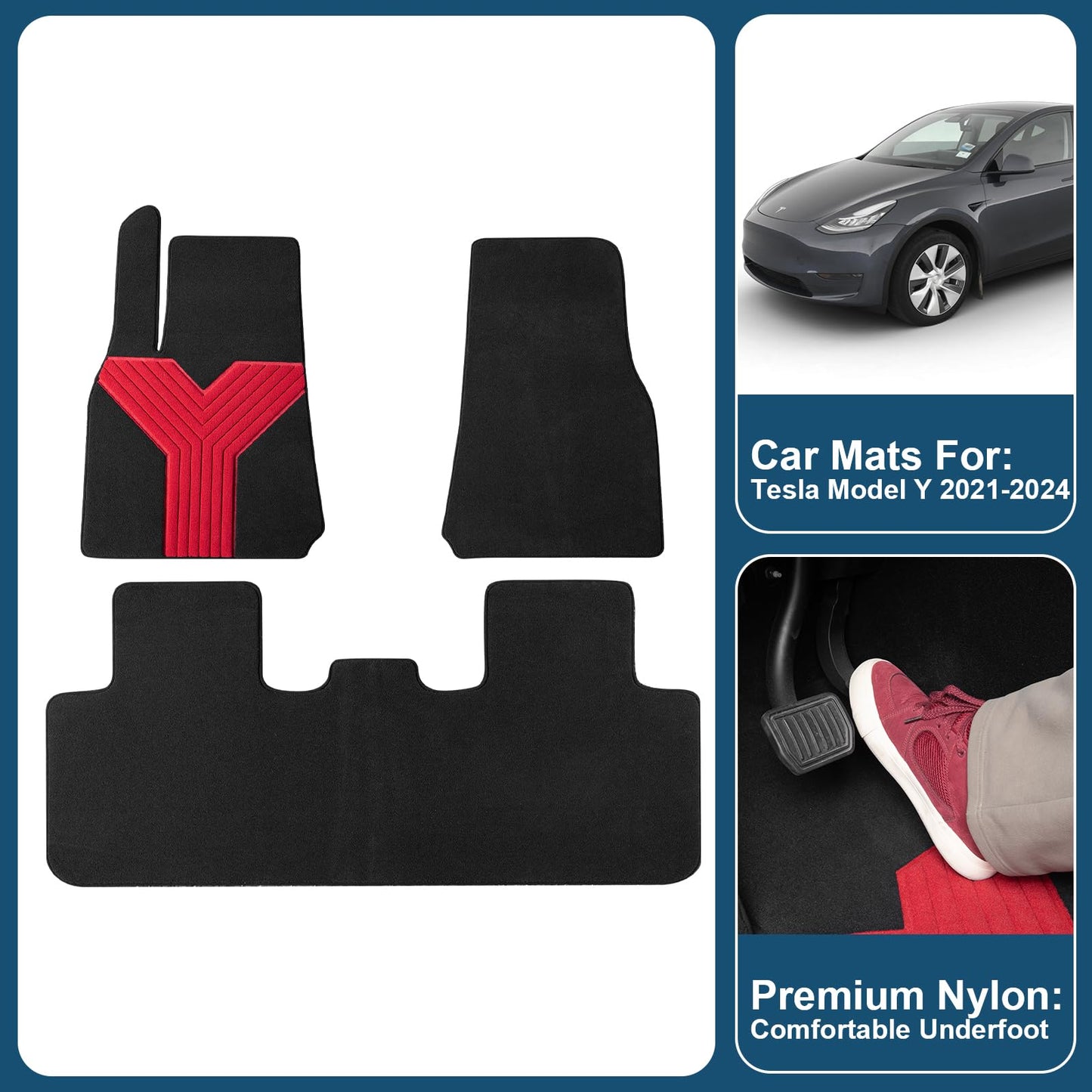 PEIDER-X Car Floor Mats for Tesla Model Y 2021-2024, Nylon Car Floor Mats, All Weather Protector Automotive, Front & Rear Seat Car Rug 3PCS