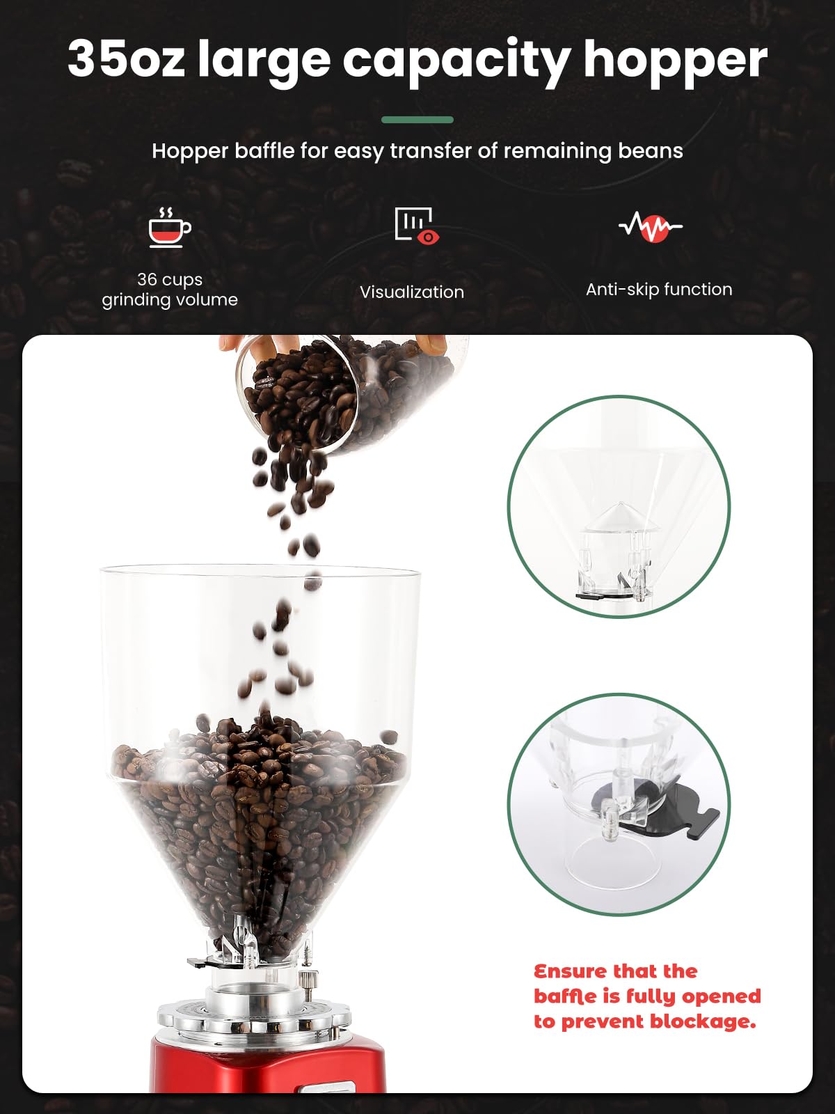 Huanyu Coffee Grinder Electric Adjustable Flat Burr Mill with 19 Precise Grind Setting 35OZ 36Cups Coffee Bean Grinding Machine Upgrade Automatic Point-action for Espresso French Press Red