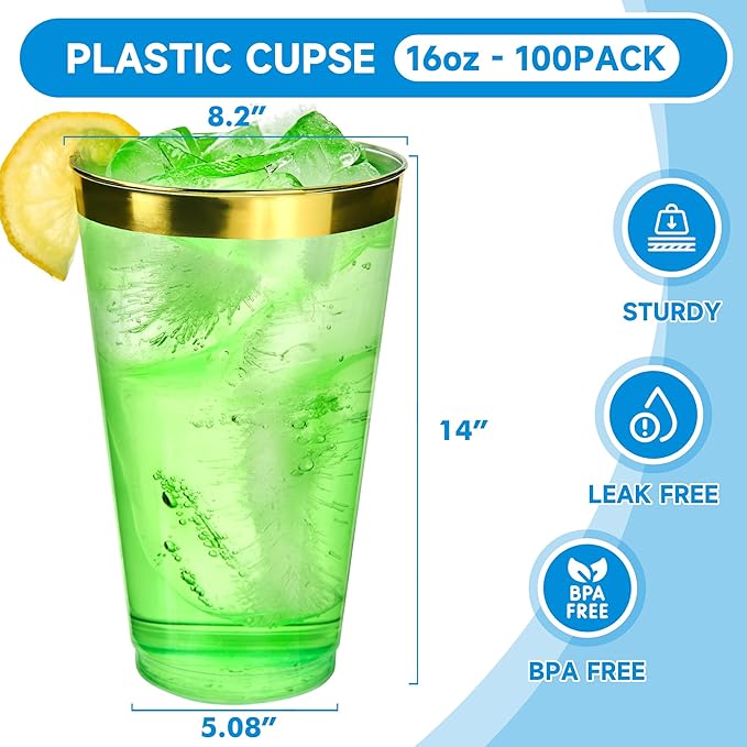 RACETOP 16 oz 100 Pack Disposable Plastic Cups with Gold Rim, Disposable Gold Rim Plastic Cups for Parties, Weddings, Gatherings, and Festival Events
